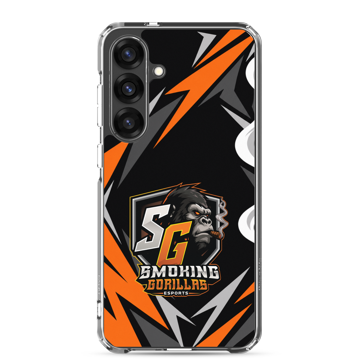SMOKING GORILLAS Clearcase Handyhülle für Samsung Galaxy S25 Plus – am Smartphone, schwarz-oranges Teamdesign