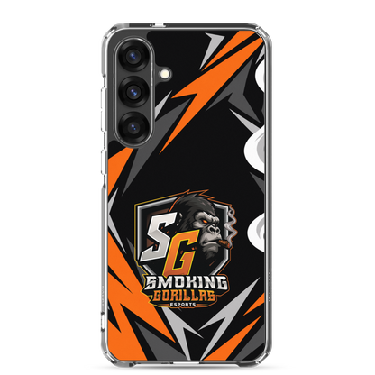 SMOKING GORILLAS Clearcase Handyhülle für Samsung Galaxy S25 Plus – am Smartphone, schwarz-oranges Teamdesign