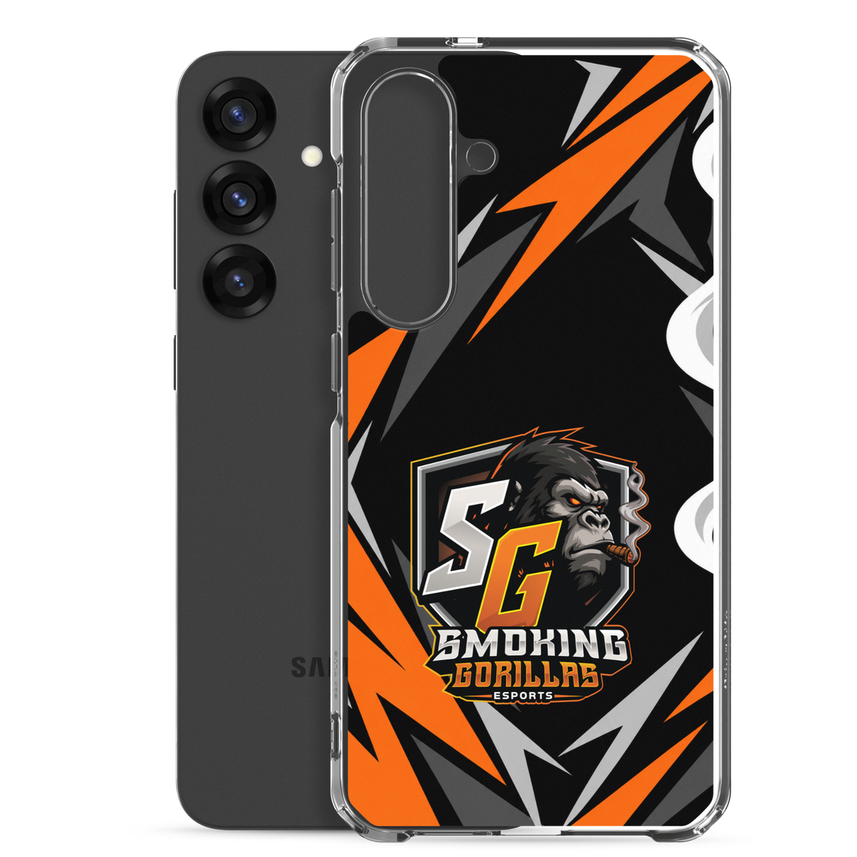 SMOKING GORILLAS Clearcase Handyhülle für Samsung Galaxy S25 Plus – Produktansicht, schwarz-oranges Teamdesign