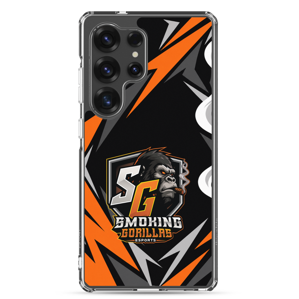 SMOKING GORILLAS Clearcase Handyhülle für Samsung Galaxy S25 Ultra – am Smartphone, schwarz-oranges Teamdesign