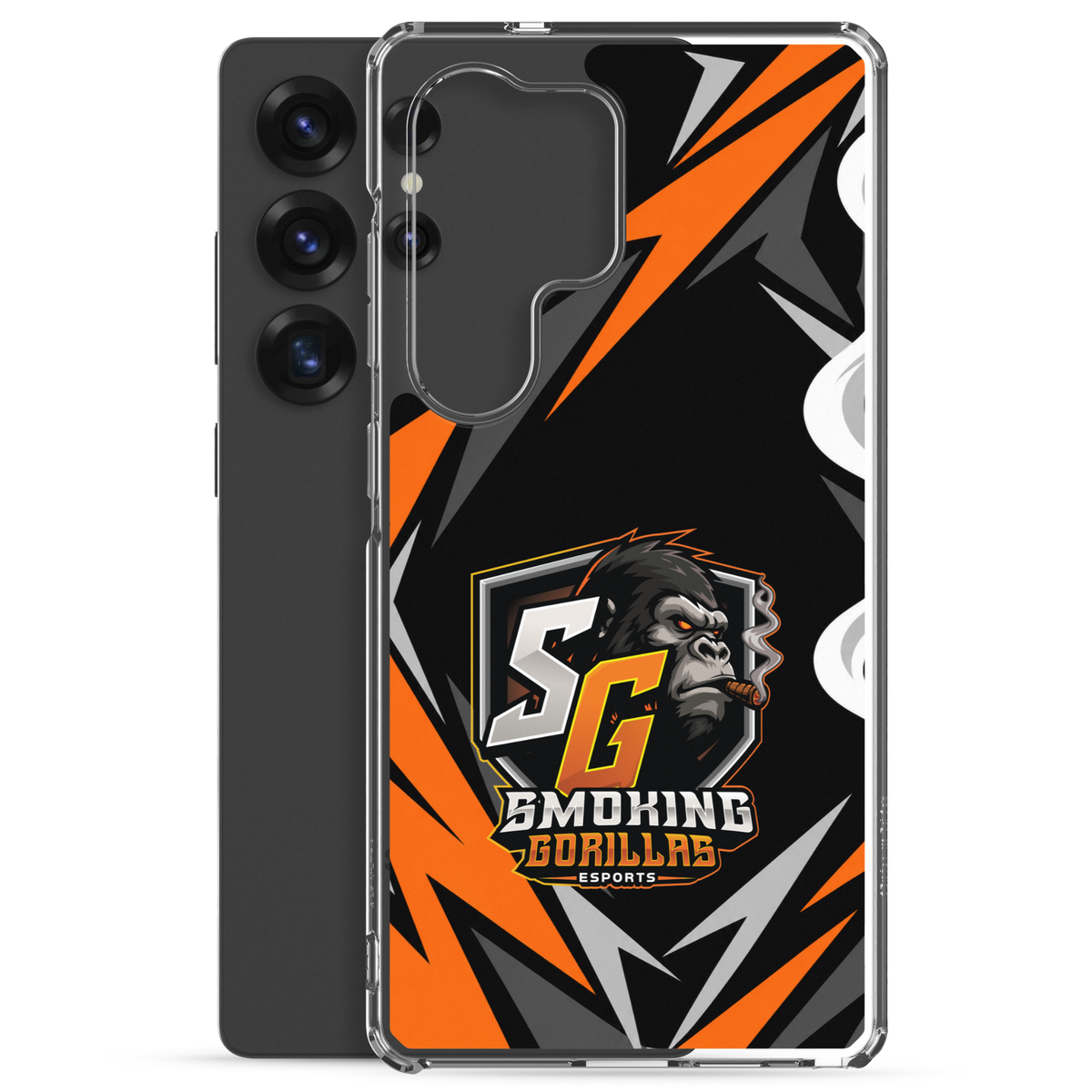 SMOKING GORILLAS Clearcase Handyhülle für Samsung Galaxy S25 Ultra – Produktansicht, schwarz-oranges Teamdesign