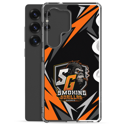 SMOKING GORILLAS Clearcase Handyhülle für Samsung Galaxy S25 Ultra – Produktansicht, schwarz-oranges Teamdesign