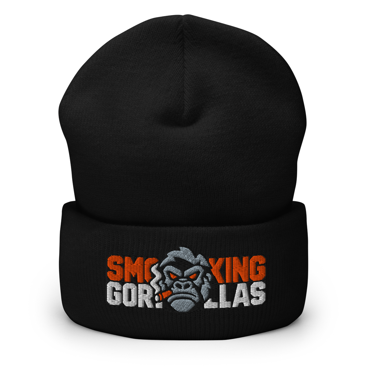 SMOKING GORILLAS - Beanie in Schwarz – Vorderansicht mit gesticktem Teamlogo