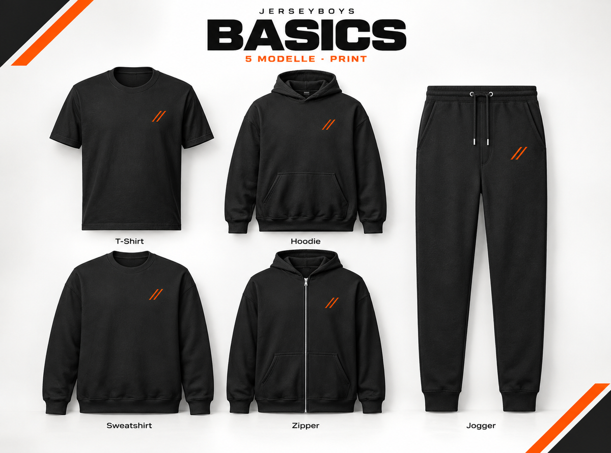 BASICS – product overview with a T-shirt, hoodie, sweatshirt, zip hoodie and joggers in black and orange.