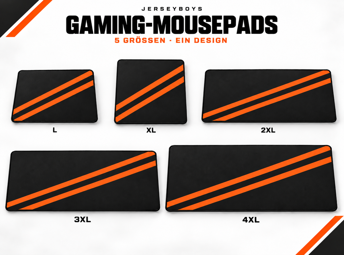 Gaming mouse pads in five sizes: L, XL, 2XL, 3XL and 4XL – JERSEYBOYS overview in black and orange.