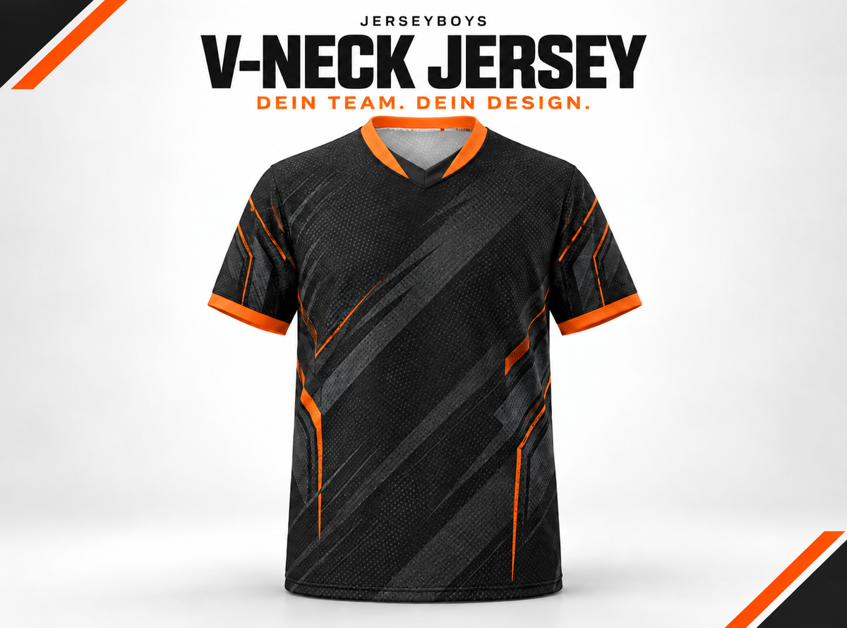 V-Neck Jersey – JERSEYBOYS hero artwork in black and orange.