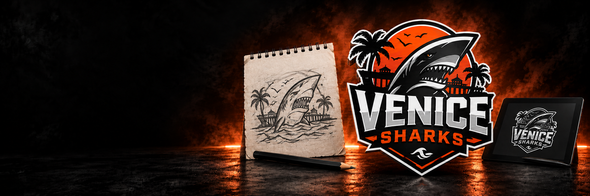 Vom Entwurf zum Teamlogo: Venice Sharks als Skizze und fertiges Logo, mit schwarzem Bleistift