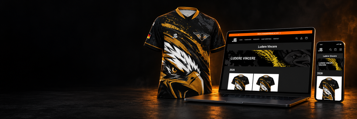 LUDERE VINCERE Teamjersey neben einer Teamshop-Ansicht auf Laptop und Smartphone