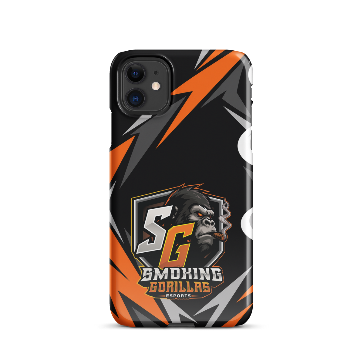 SMOKING GORILLAS Snapcase Handyhülle für iPhone 11 – Produktansicht, schwarz-oranges Teamdesign