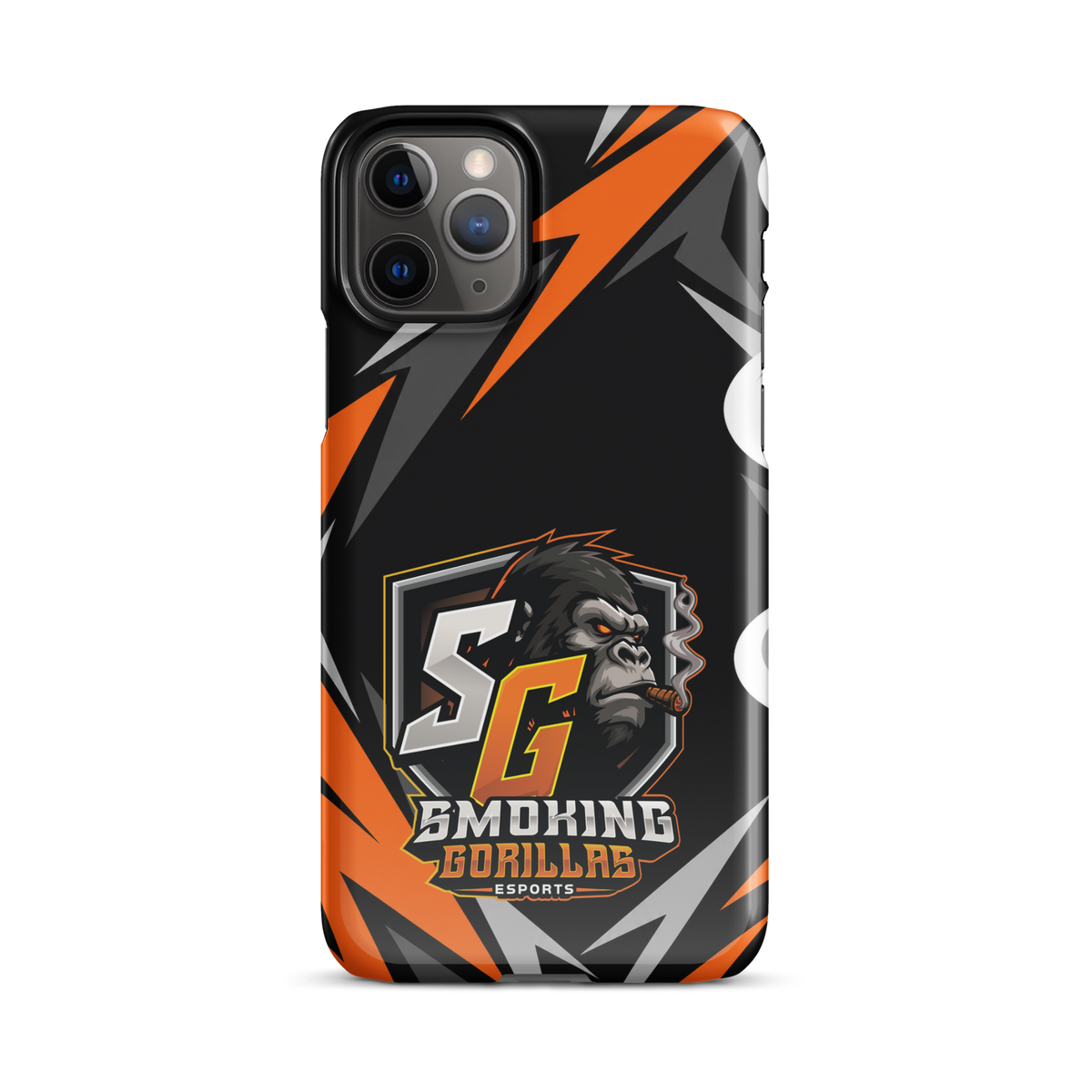 SMOKING GORILLAS Snapcase Handyhülle für iPhone 11 Pro – Produktansicht, schwarz-oranges Teamdesign