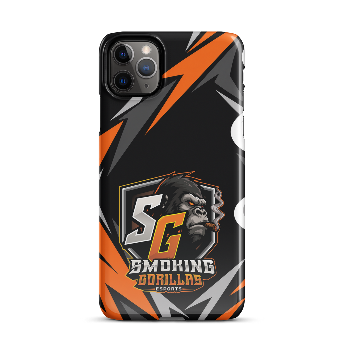 SMOKING GORILLAS Snapcase Handyhülle für iPhone 11 Pro Max – Produktansicht, schwarz-oranges Teamdesign