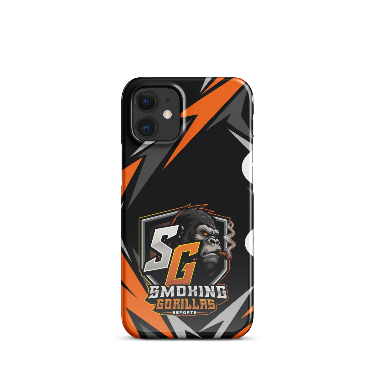 SMOKING GORILLAS Snapcase Handyhülle für iPhone 12 Mini – Produktansicht, schwarz-oranges Teamdesign