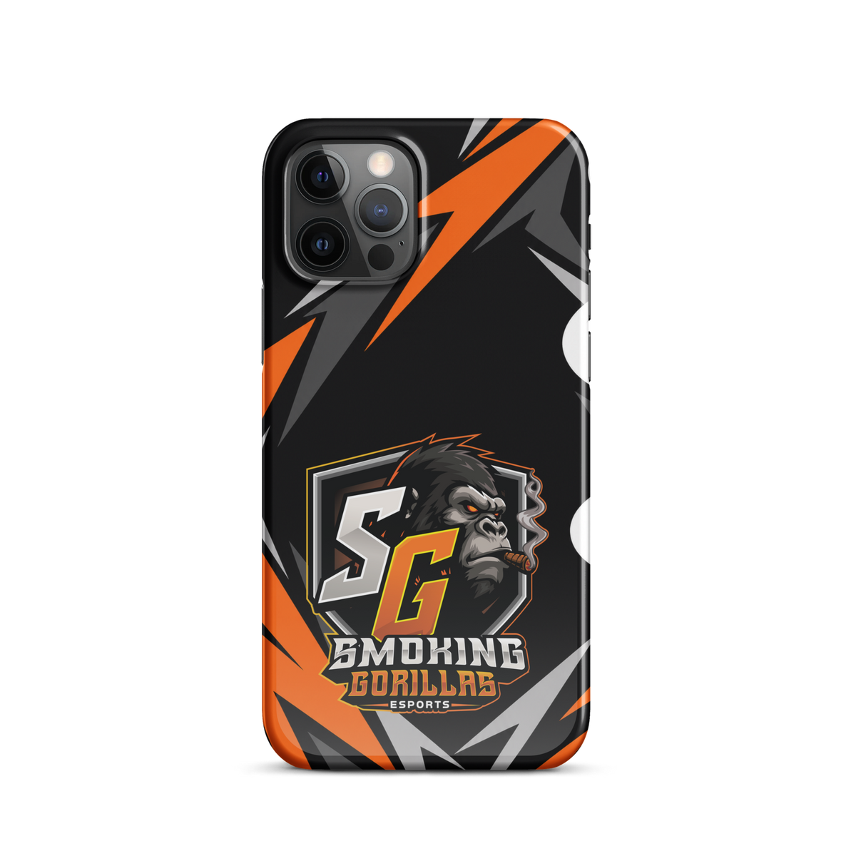 SMOKING GORILLAS Snapcase Handyhülle für iPhone 12 Pro – Produktansicht, schwarz-oranges Teamdesign