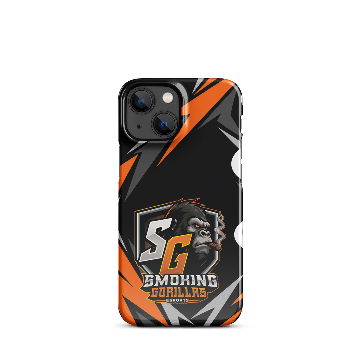 SMOKING GORILLAS Snapcase Handyhülle für iPhone 13 Mini – Produktansicht, schwarz-oranges Teamdesign