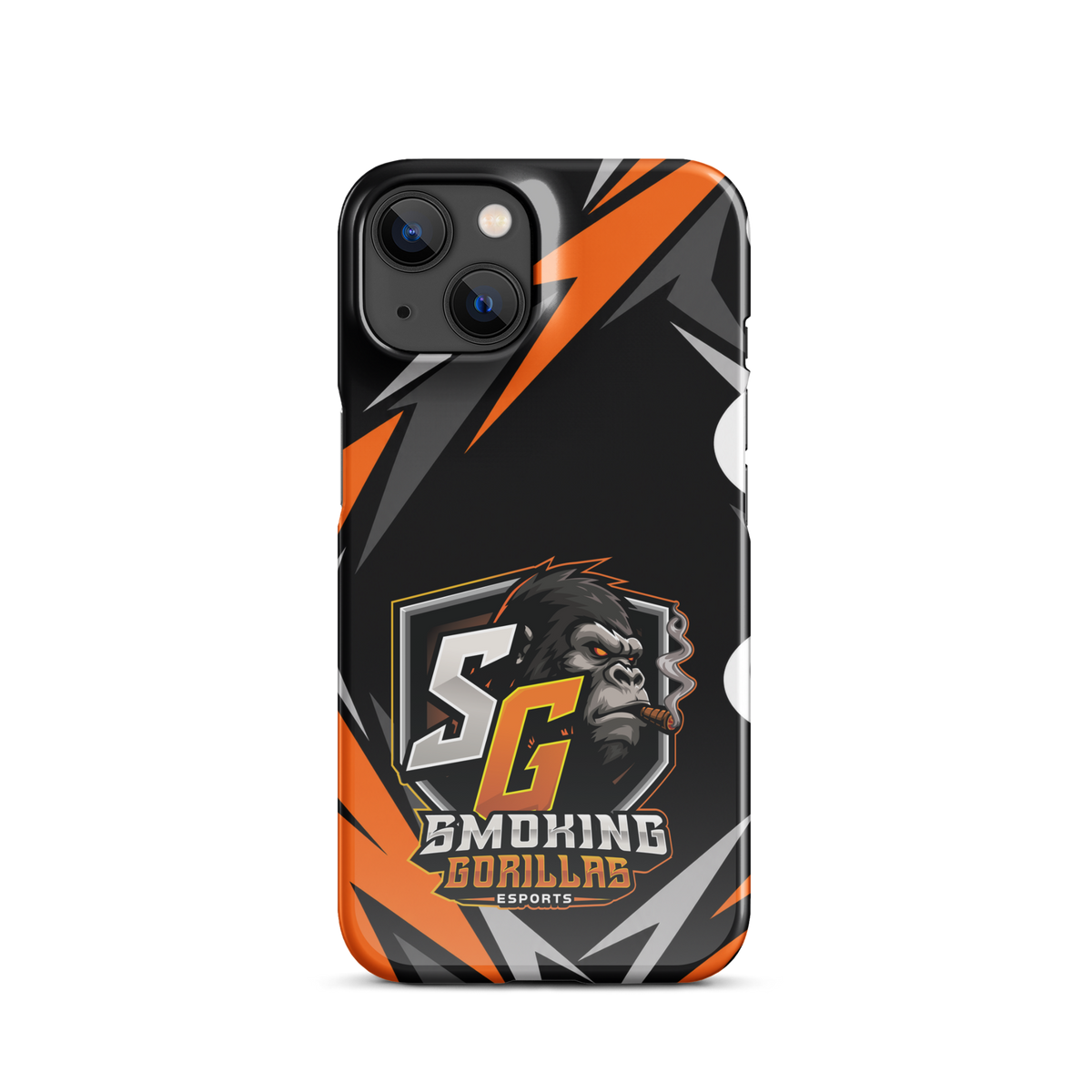 SMOKING GORILLAS Snapcase Handyhülle für iPhone 14 – Produktansicht, schwarz-oranges Teamdesign