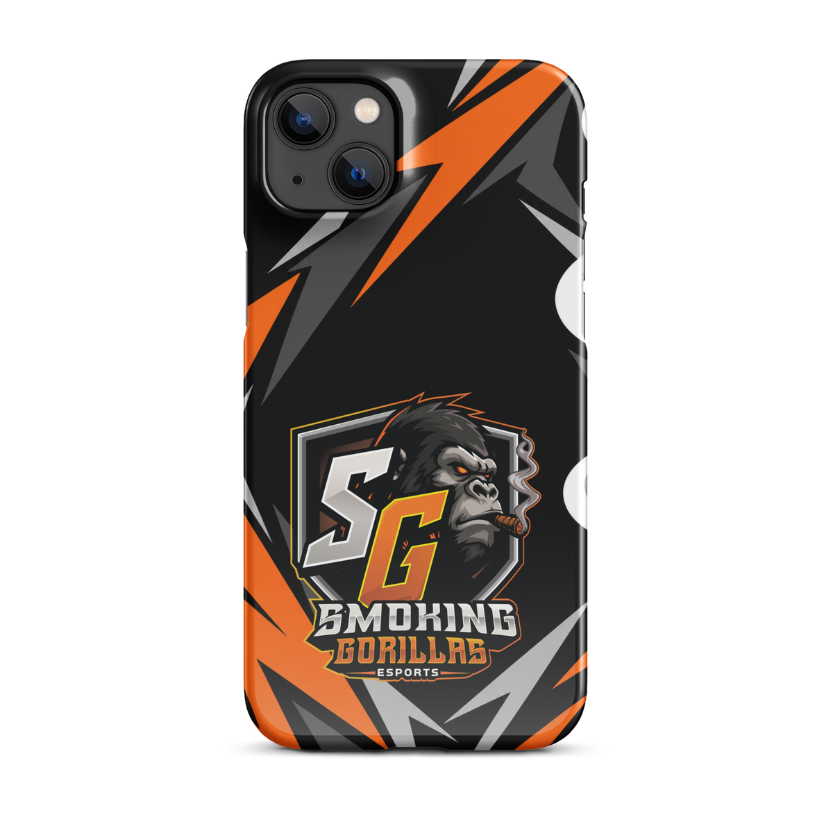 SMOKING GORILLAS Snapcase Handyhülle für iPhone 14 Plus – Produktansicht, schwarz-oranges Teamdesign