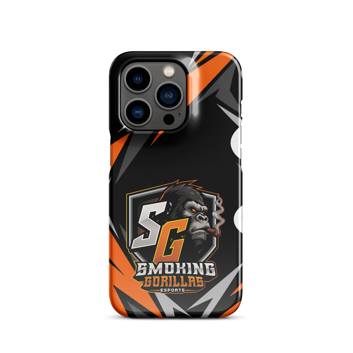 SMOKING GORILLAS Snapcase Handyhülle für iPhone 14 Pro – Produktansicht, schwarz-oranges Teamdesign