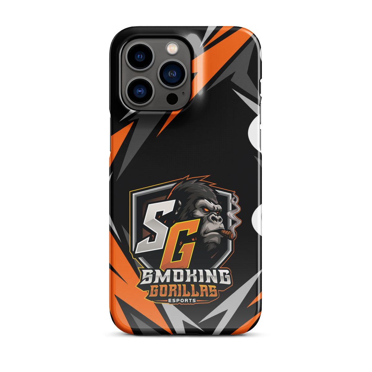 SMOKING GORILLAS Snapcase Handyhülle für iPhone 14 Pro Max – Produktansicht, schwarz-oranges Teamdesign
