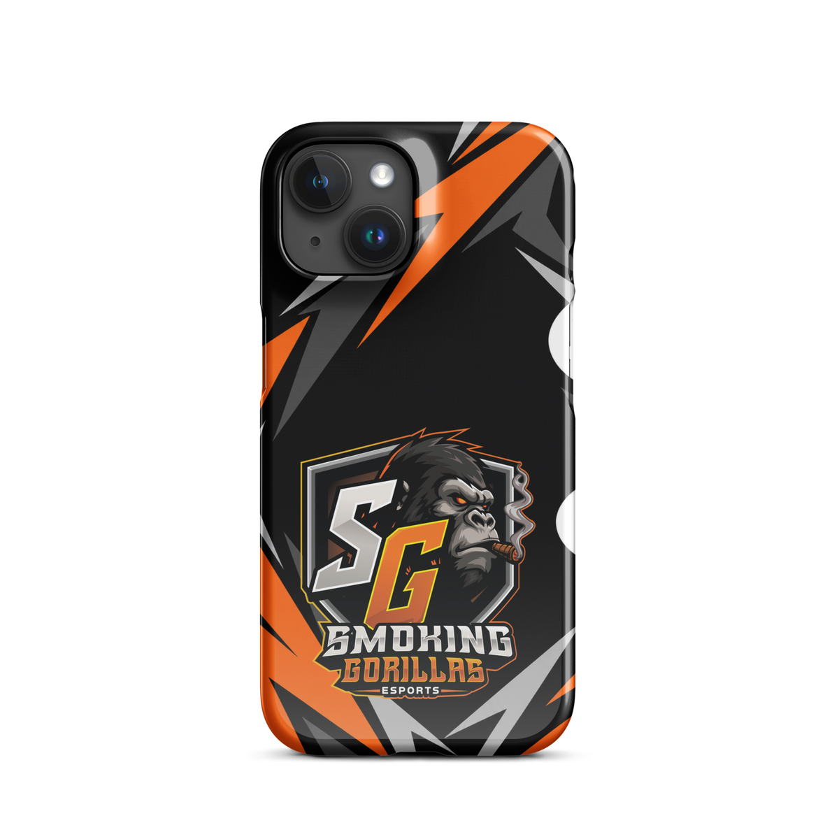 SMOKING GORILLAS Snapcase Handyhülle für iPhone 15 – Produktansicht, schwarz-oranges Teamdesign