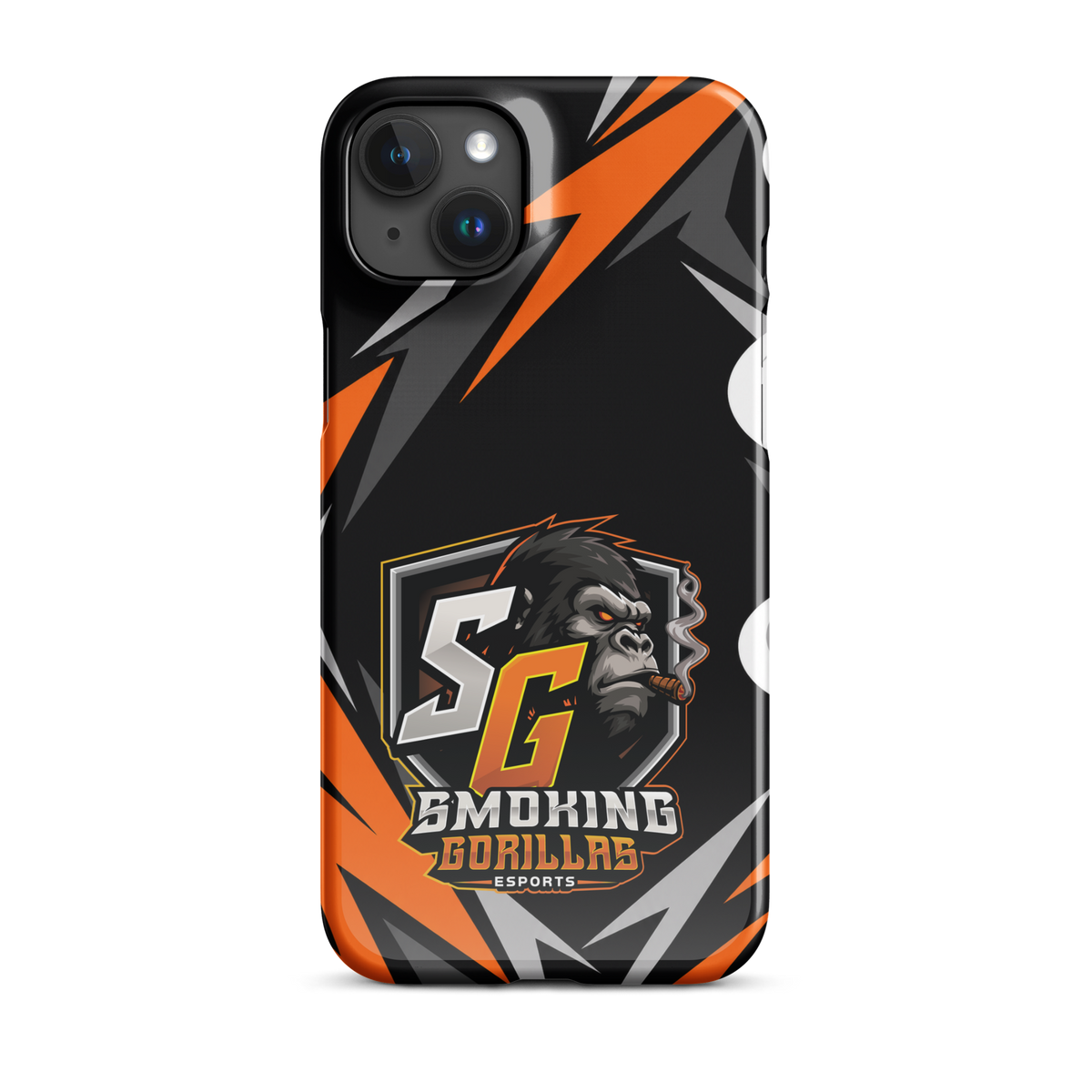 SMOKING GORILLAS Snapcase Handyhülle für iPhone 15 Plus – Produktansicht, schwarz-oranges Teamdesign