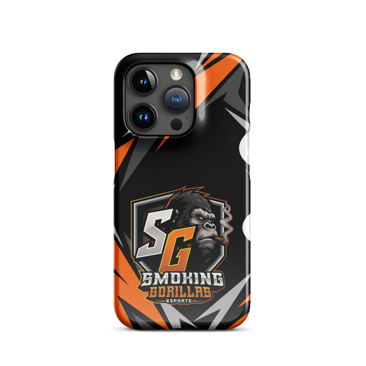SMOKING GORILLAS Snapcase Handyhülle für iPhone 15 Pro – Produktansicht, schwarz-oranges Teamdesign