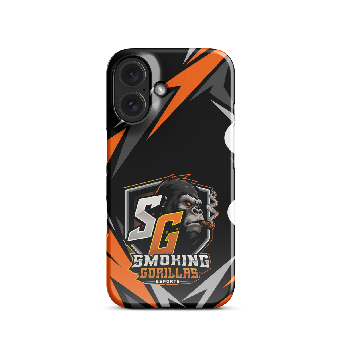 SMOKING GORILLAS Snapcase Handyhülle für iPhone 16 – Produktansicht, schwarz-oranges Teamdesign