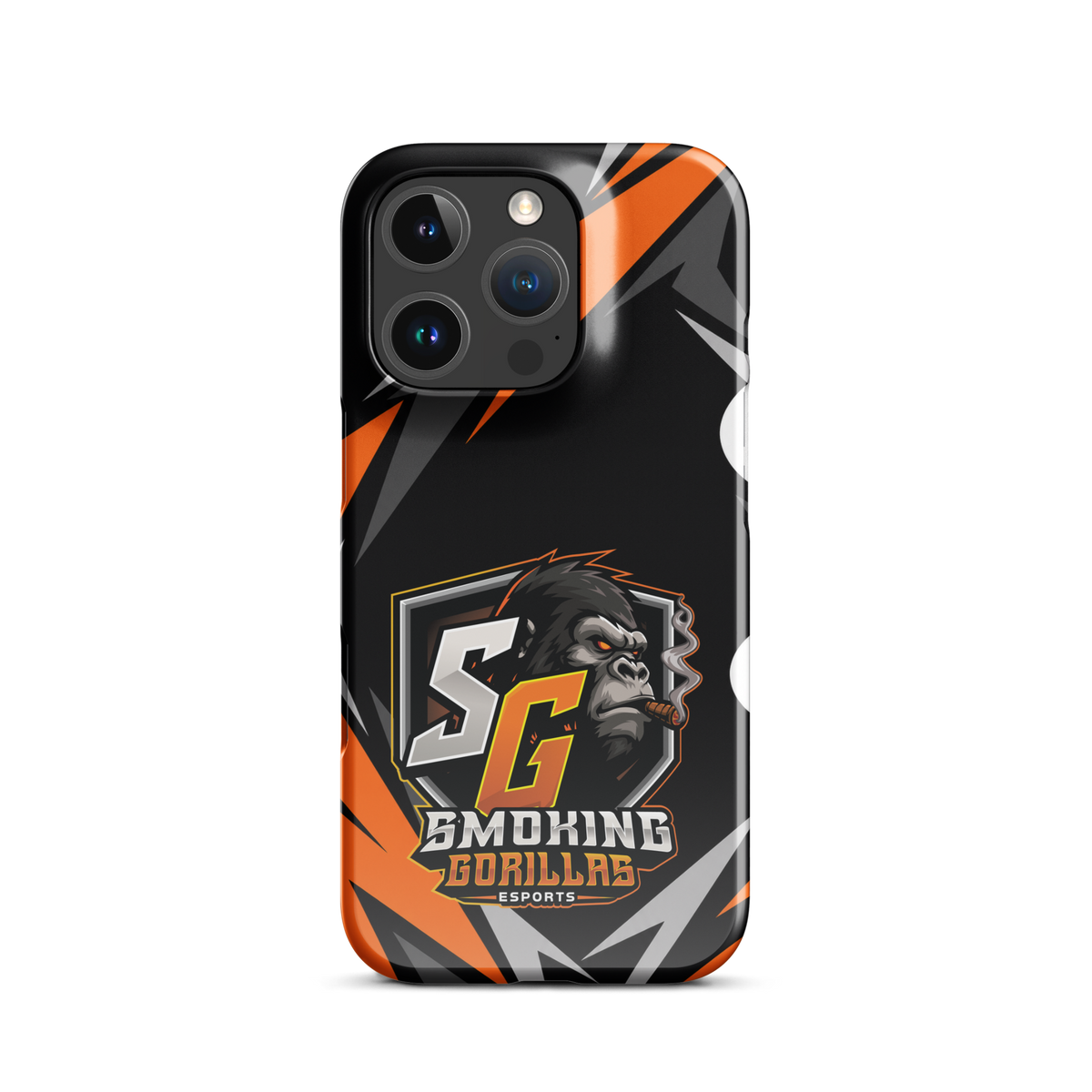 SMOKING GORILLAS Snapcase Handyhülle für iPhone 16 Pro – Produktansicht, schwarz-oranges Teamdesign
