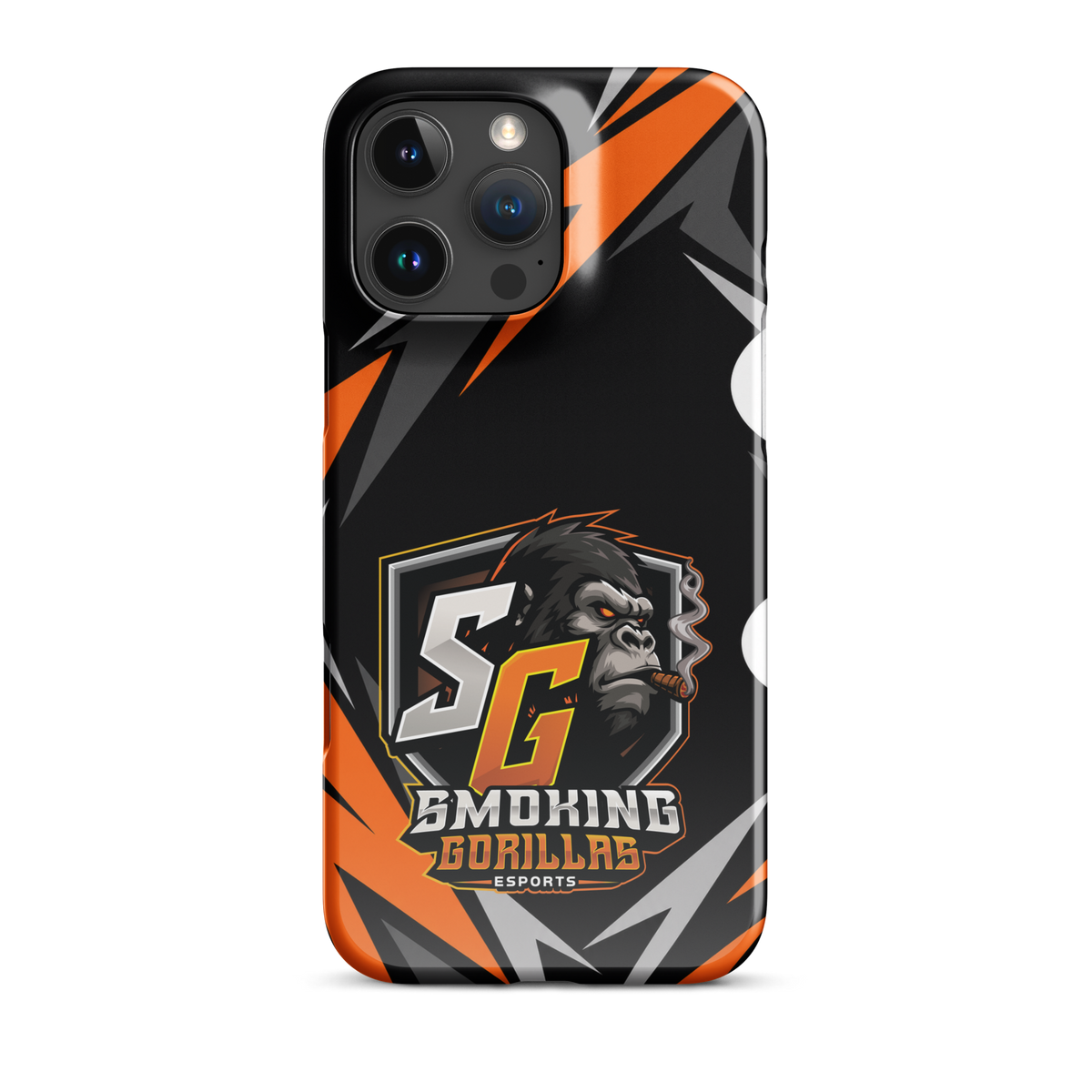 SMOKING GORILLAS Snapcase Handyhülle für iPhone 16 Pro Max – Produktansicht, schwarz-oranges Teamdesign