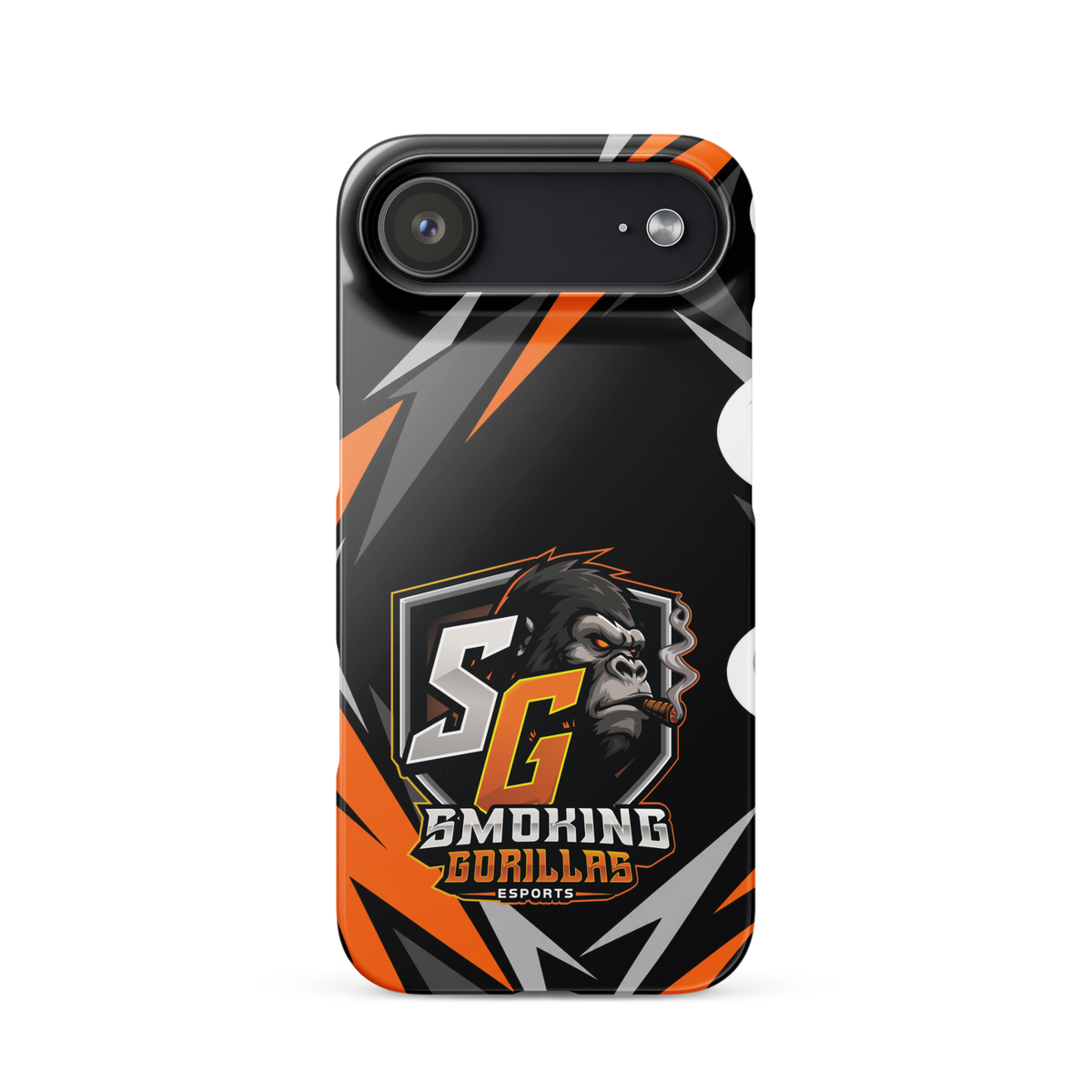 SMOKING GORILLAS Snapcase Handyhülle für iPhone 17 Air – Produktansicht, schwarz-oranges Teamdesign