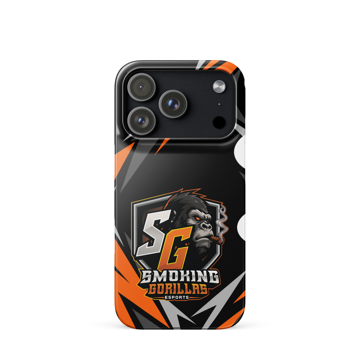 SMOKING GORILLAS Snapcase Handyhülle für iPhone 17 Pro – Produktansicht, schwarz-oranges Teamdesign