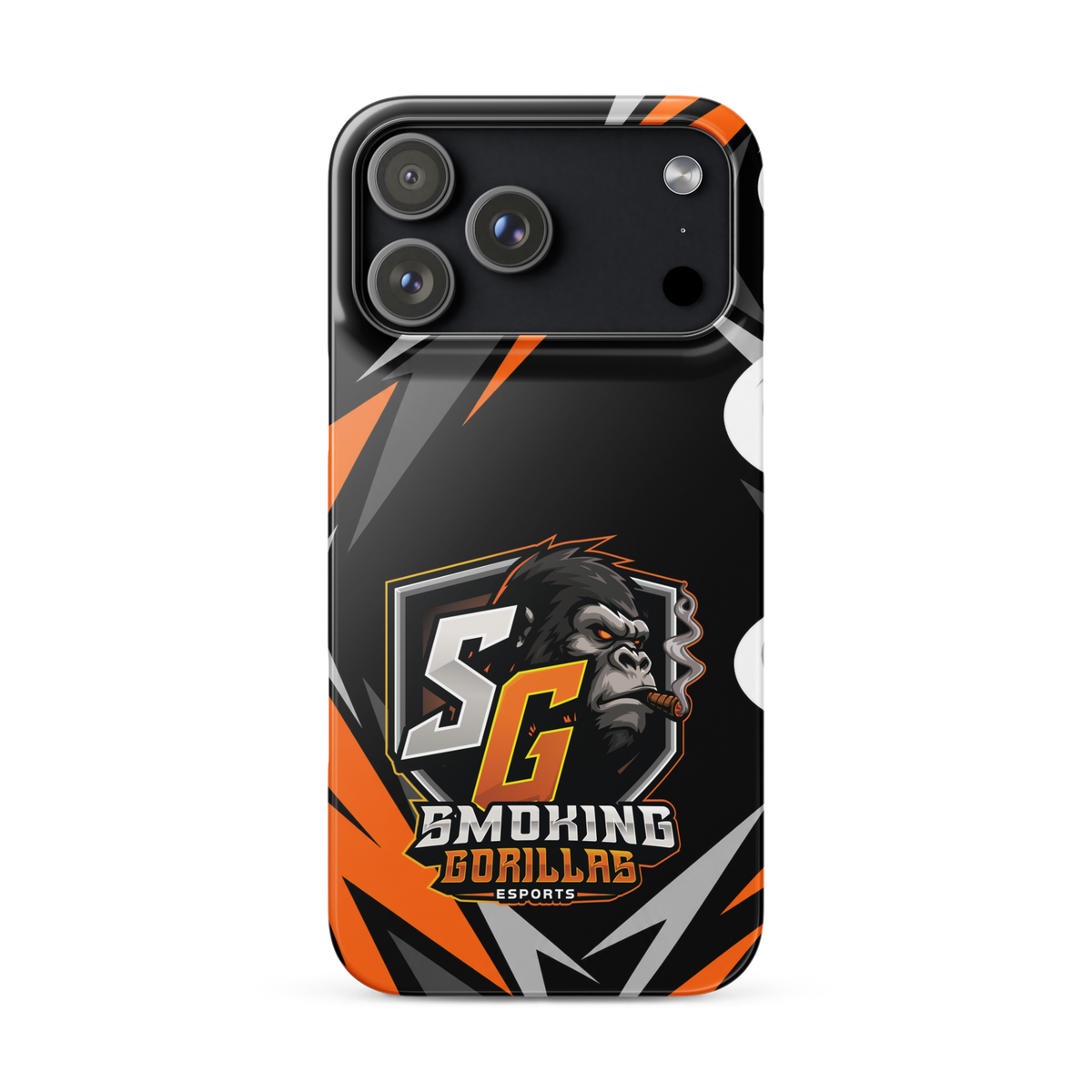 SMOKING GORILLAS Snapcase Handyhülle für iPhone 17 Pro Max – Produktansicht, schwarz-oranges Teamdesign