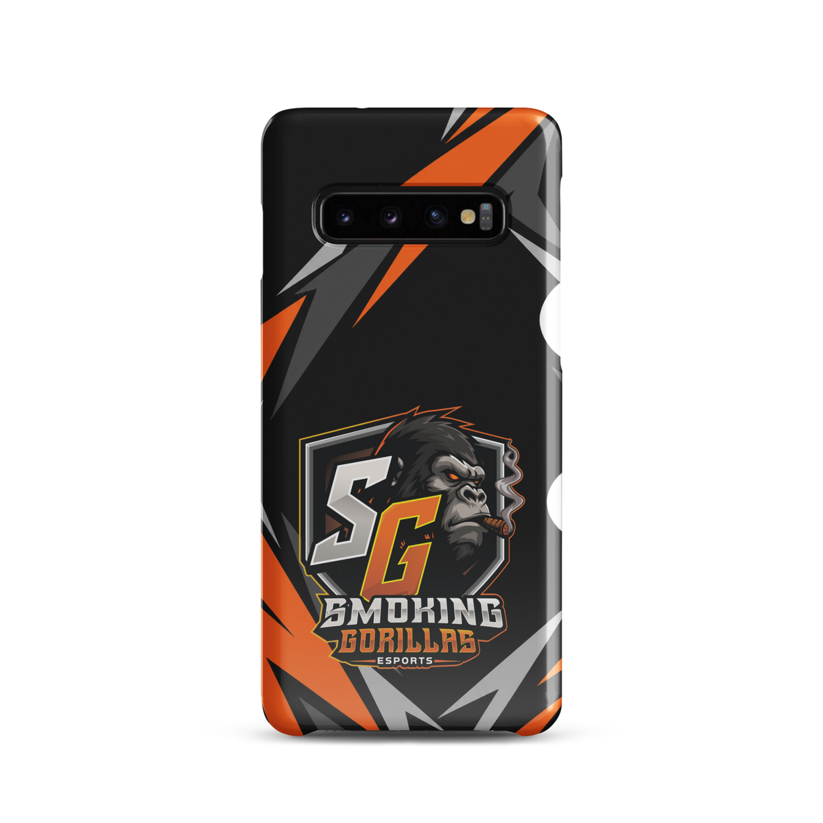 SMOKING GORILLAS Snapcase Handyhülle für Samsung Galaxy S10 – Produktansicht, schwarz-oranges Teamdesign