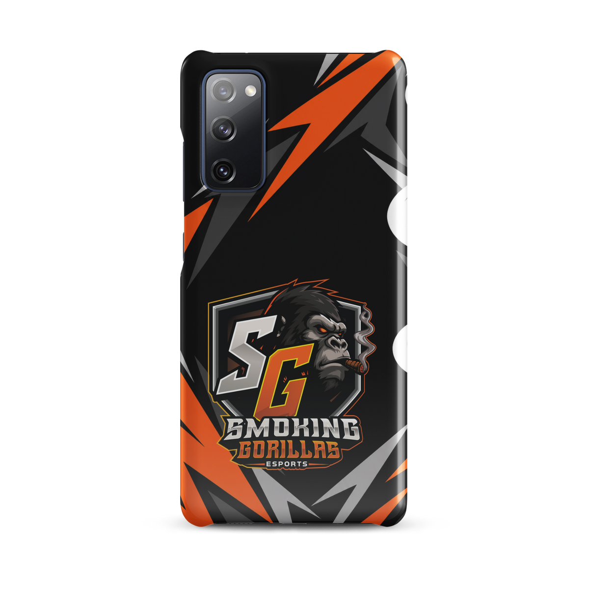 SMOKING GORILLAS Snapcase Handyhülle für Samsung Galaxy S20 FE – Produktansicht, schwarz-oranges Teamdesign