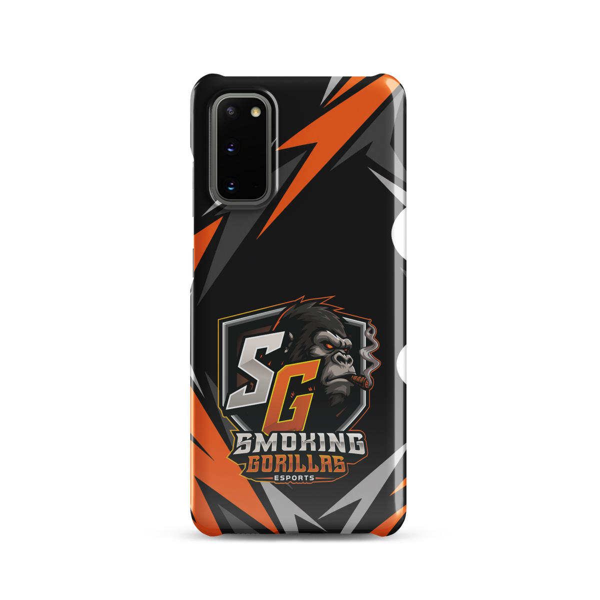 SMOKING GORILLAS Snapcase Handyhülle für Samsung Galaxy S20 – Produktansicht, schwarz-oranges Teamdesign