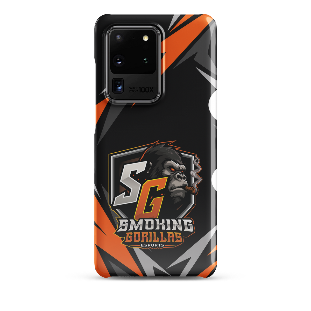 SMOKING GORILLAS Snapcase Handyhülle für Samsung Galaxy S20 Ultra – Produktansicht, schwarz-oranges Teamdesign