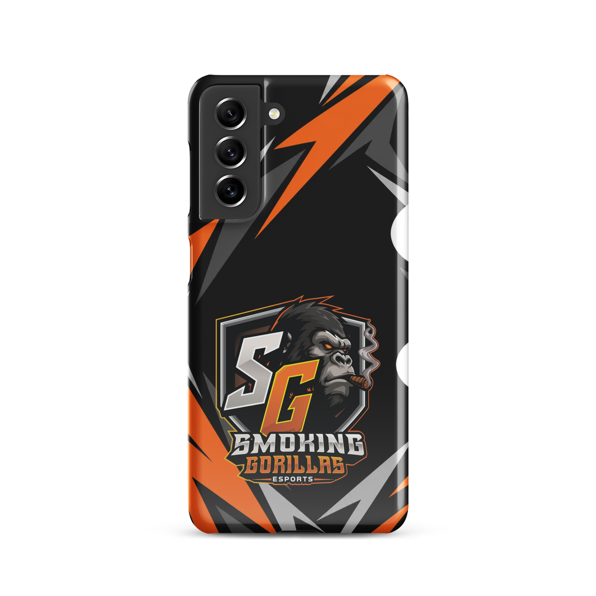 SMOKING GORILLAS Snapcase Handyhülle für Samsung Galaxy S21 – Produktansicht, schwarz-oranges Teamdesign