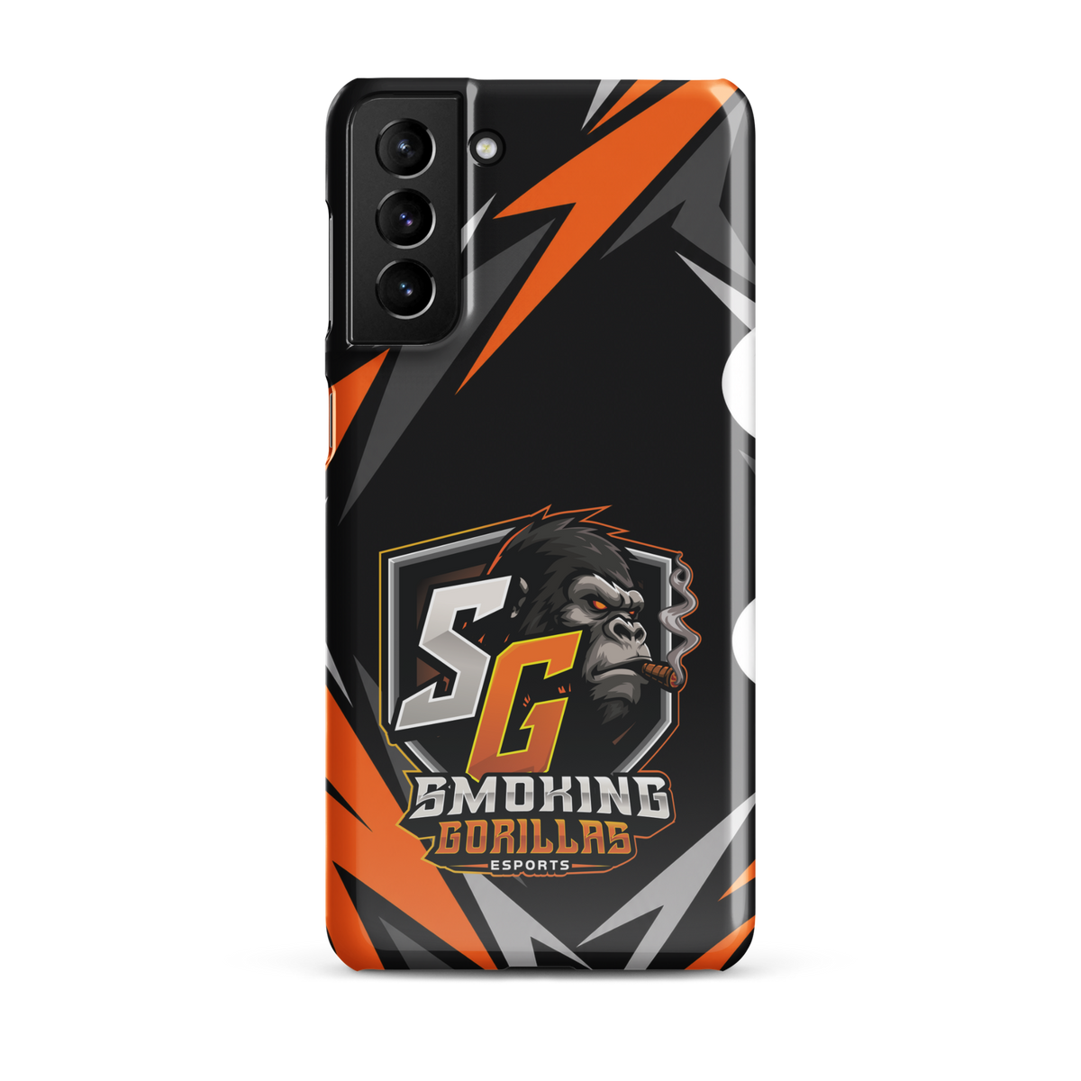 SMOKING GORILLAS Snapcase Handyhülle für Samsung Galaxy S21 Plus – Produktansicht, schwarz-oranges Teamdesign