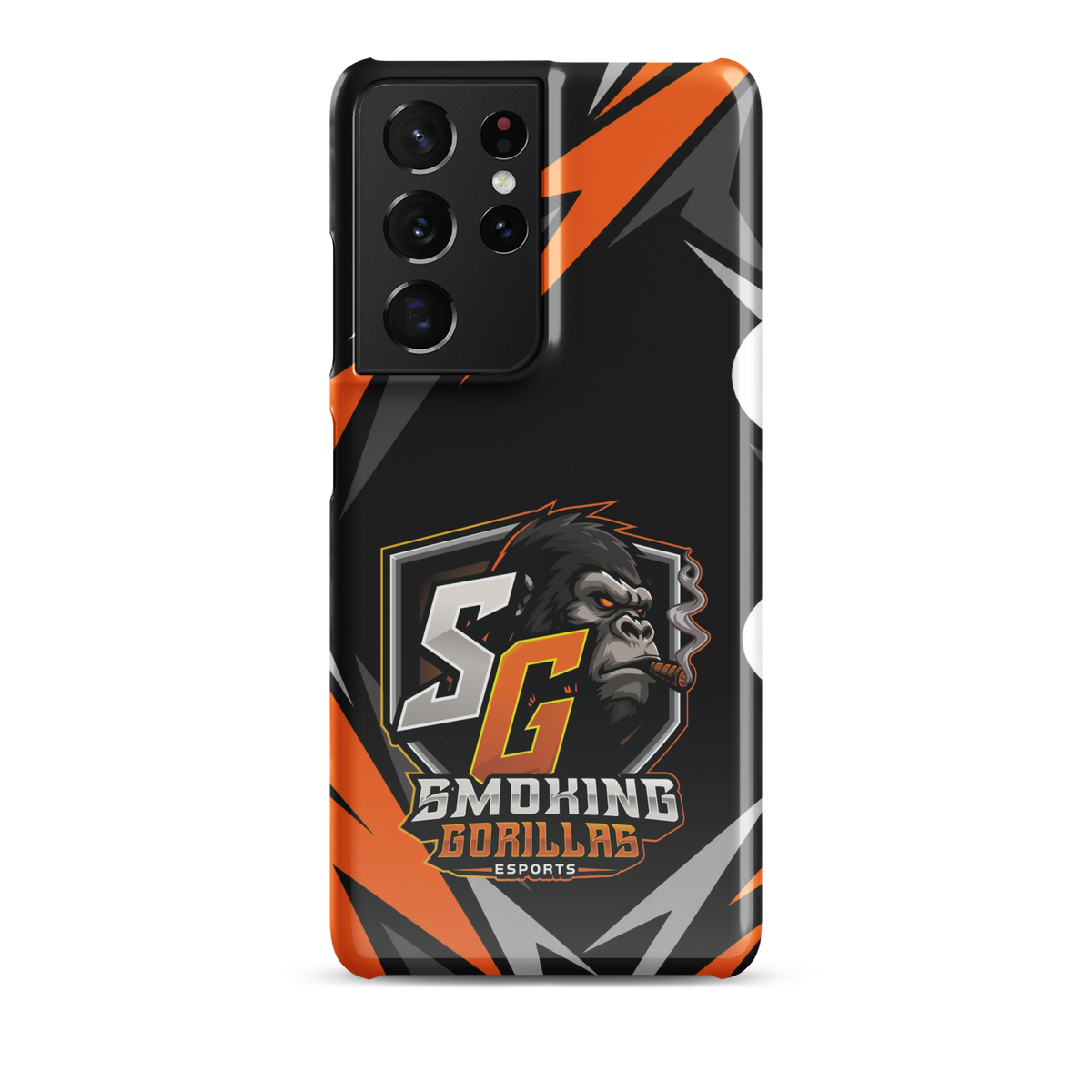 SMOKING GORILLAS Snapcase Handyhülle für Samsung Galaxy S21 Ultra – Produktansicht, schwarz-oranges Teamdesign