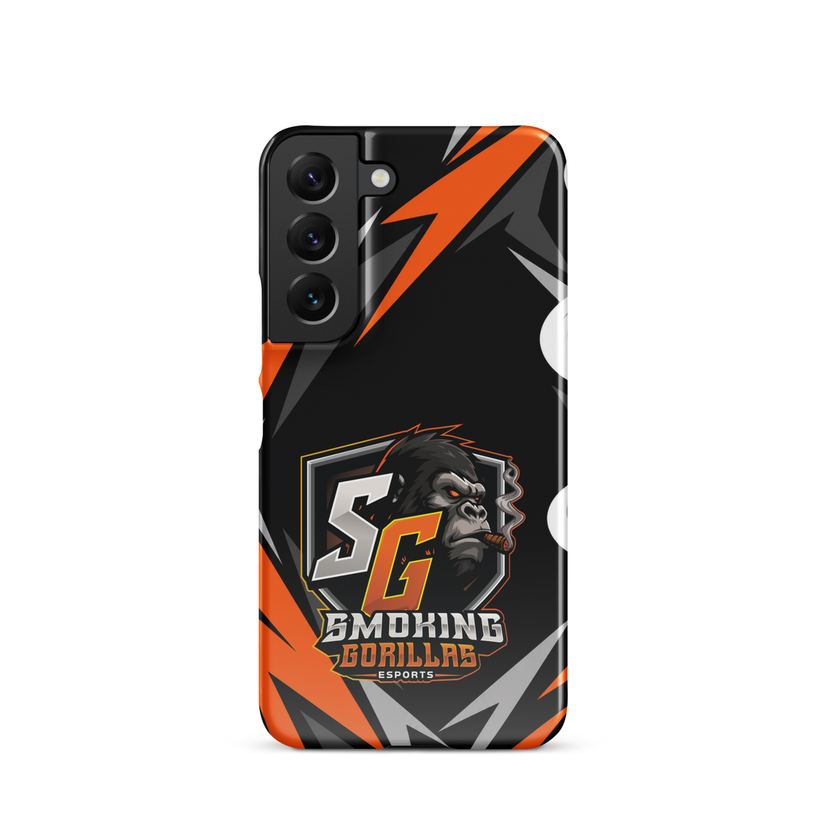 SMOKING GORILLAS Snapcase Handyhülle für Samsung Galaxy S22 – Produktansicht, schwarz-oranges Teamdesign