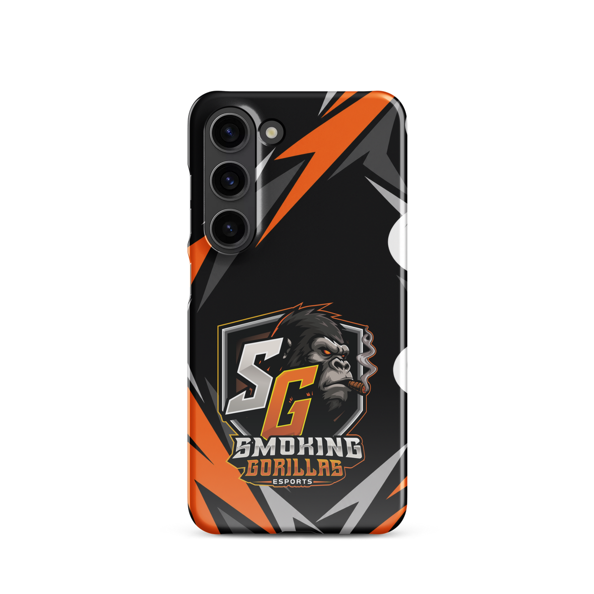SMOKING GORILLAS Snapcase Handyhülle für Samsung Galaxy S23 – Produktansicht, schwarz-oranges Teamdesign
