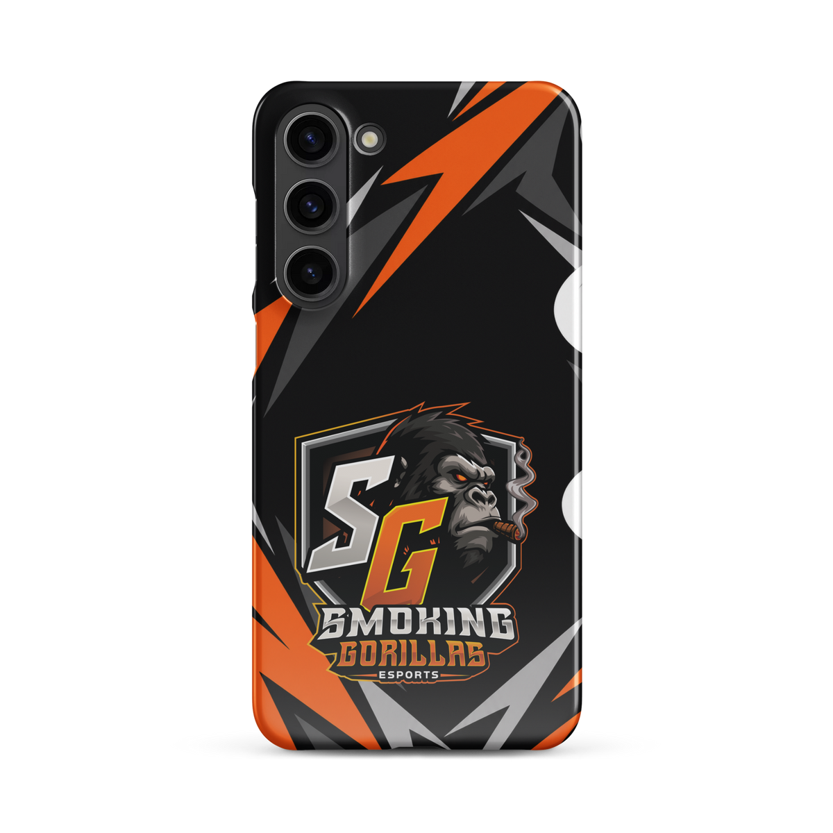 SMOKING GORILLAS Snapcase Handyhülle für Samsung Galaxy S23 Plus – Produktansicht, schwarz-oranges Teamdesign