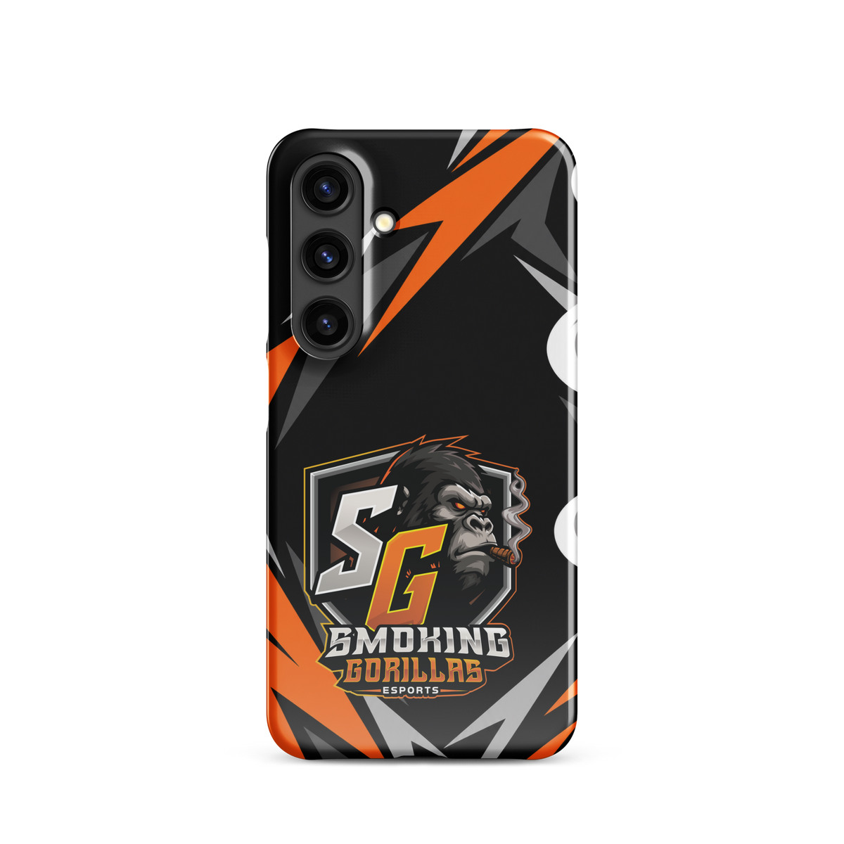 SMOKING GORILLAS Snapcase Handyhülle für Samsung Galaxy S24 – Produktansicht, schwarz-oranges Teamdesign
