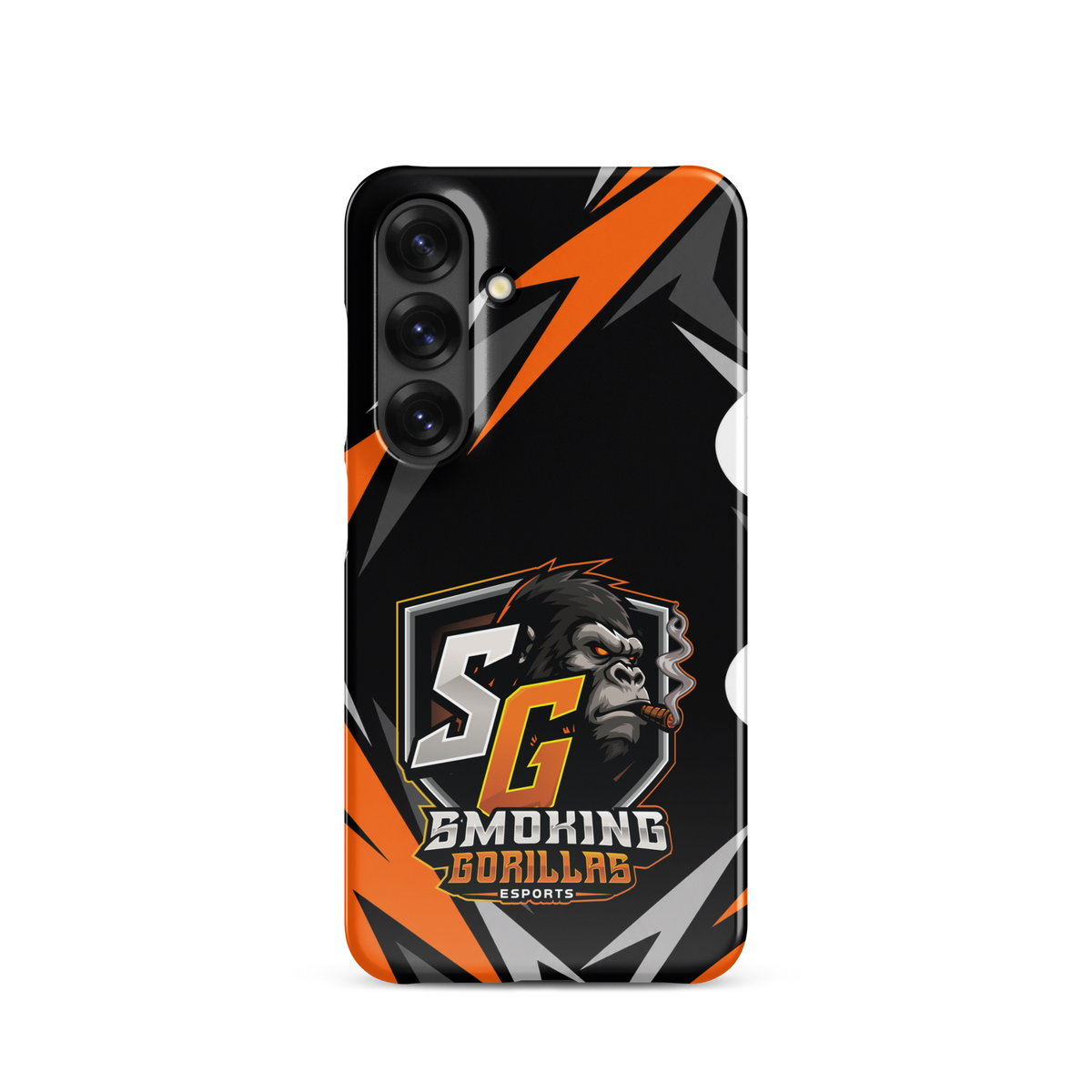 SMOKING GORILLAS Snapcase Handyhülle für Samsung Galaxy S25 – Produktansicht, schwarz-oranges Teamdesign