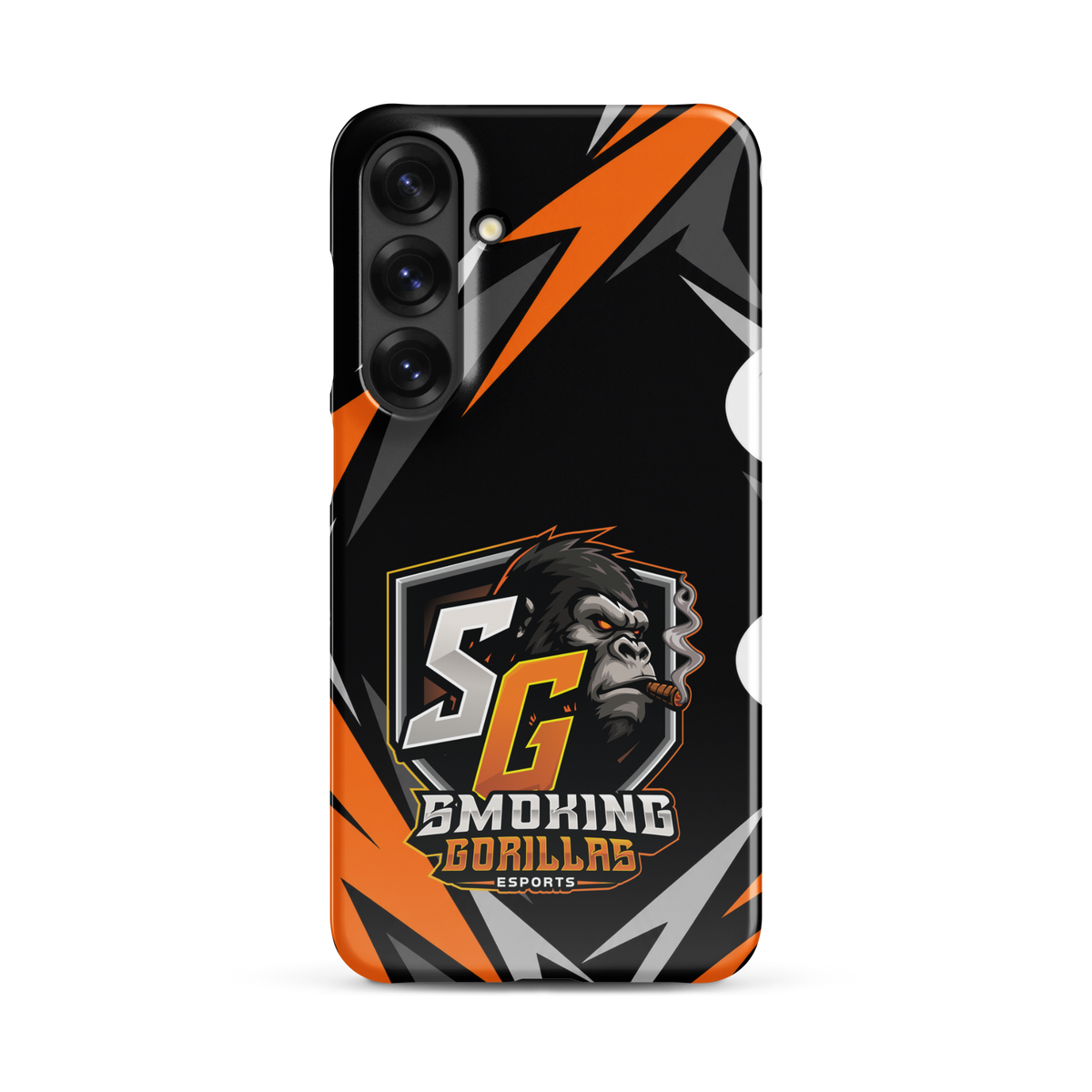 SMOKING GORILLAS Snapcase Handyhülle für Samsung Galaxy S25 Plus – Produktansicht, schwarz-oranges Teamdesign