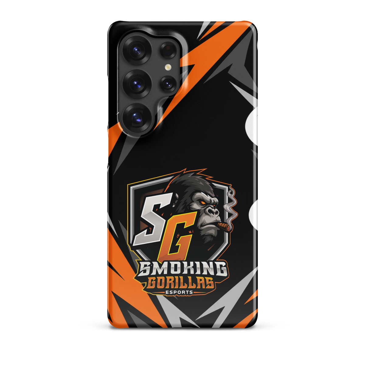 SMOKING GORILLAS Snapcase Handyhülle für Samsung Galaxy S25 Ultra – Produktansicht, schwarz-oranges Teamdesign