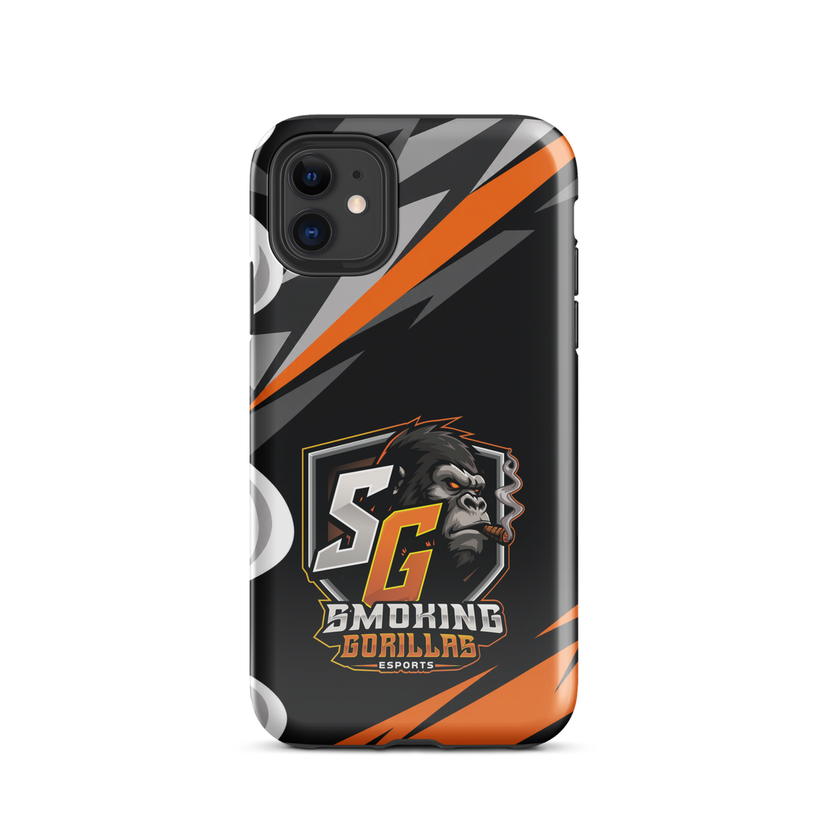 SMOKING GORILLAS Hardcase Handyhülle für iPhone 11 – Produktansicht, schwarz-oranges Teamdesign