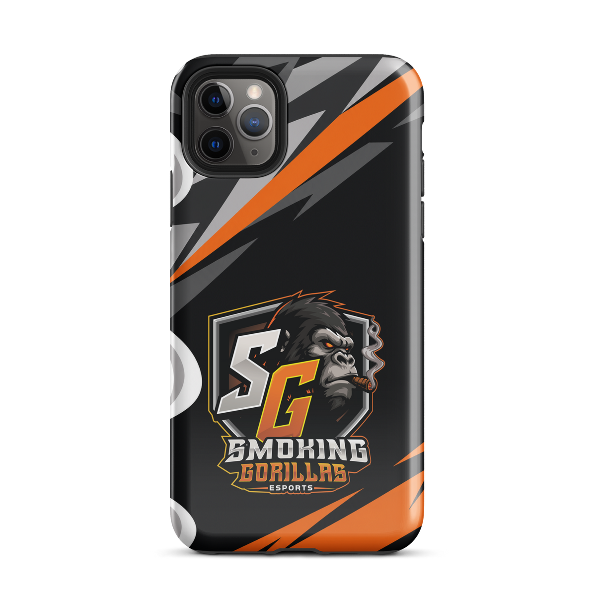SMOKING GORILLAS Hardcase Handyhülle für iPhone 11 Pro Max – Produktansicht, schwarz-oranges Teamdesign
