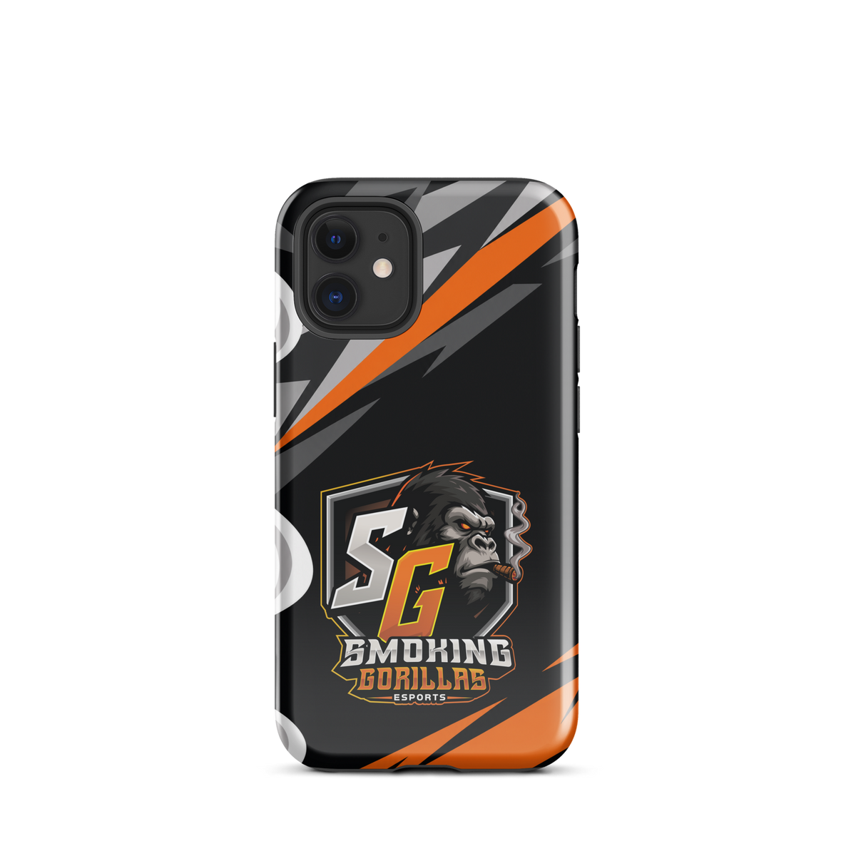 SMOKING GORILLAS Hardcase Handyhülle für iPhone 12 mini – Produktansicht, schwarz-oranges Teamdesign