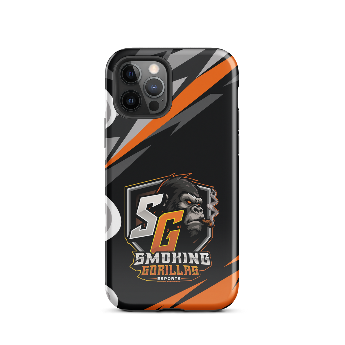 SMOKING GORILLAS Hardcase Handyhülle für iPhone 12 Pro – Produktansicht, schwarz-oranges Teamdesign