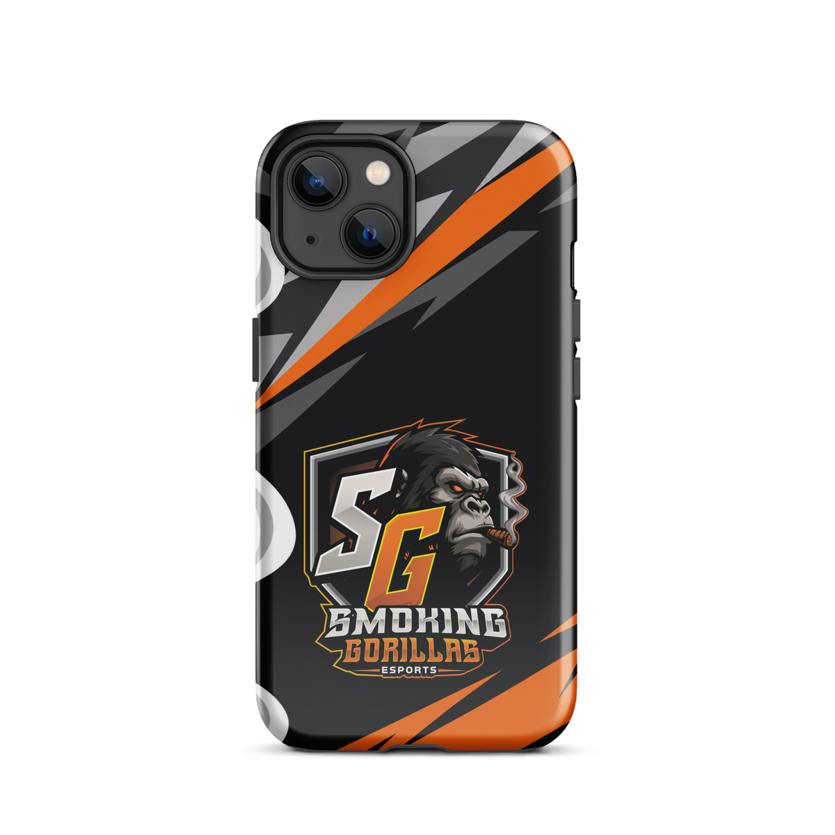 SMOKING GORILLAS Hardcase Handyhülle für iPhone 13 – Produktansicht, schwarz-oranges Teamdesign